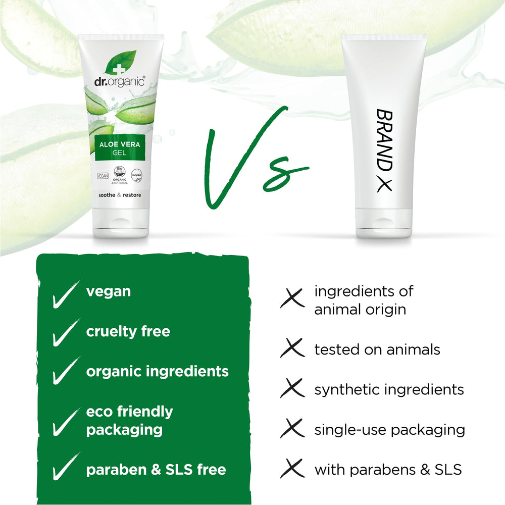 Label close-up showing ingredients on Dr Organic Aloe Vera Gel 200ml