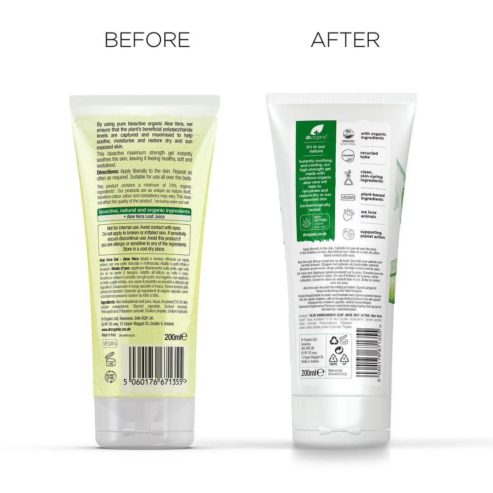 Eco-friendly packaging with vegan and cruelty-free logos for Dr Organic Aloe Vera Gel 200ml