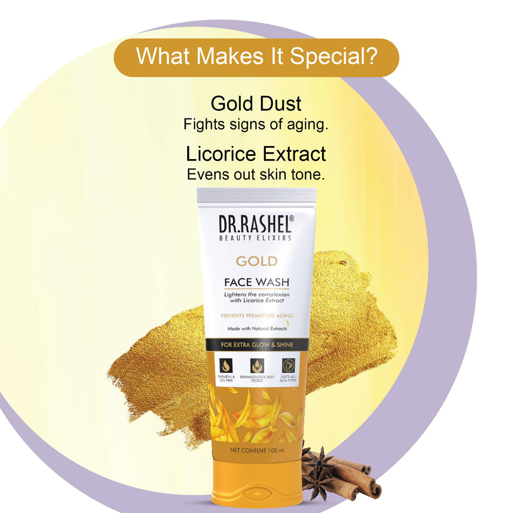 Packaging of DR.RASHEL Gold Face Wash with a rinsing splash