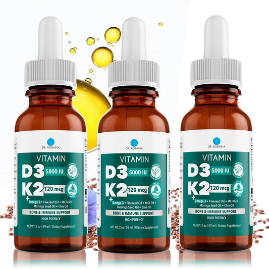 Bottle of Dr. Robaina Vitamin D3 + K2 Drops with vegan MCT oil