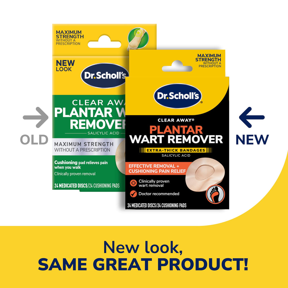 Dr Scholl's Clear Away on feet illustrate discreet plantar wart coverage.