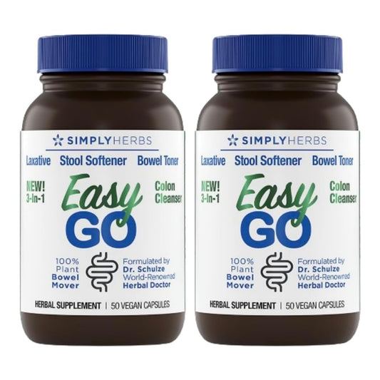 Dr. Schulze's Easy Go Bowel Mover bottle front shows plant-based digestion support for daily regularity.