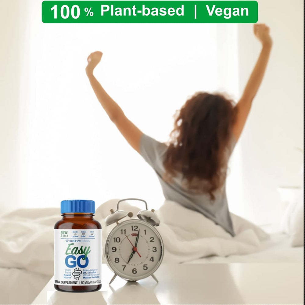 Packaging box for Dr. Schulze's Easy Go Bowel Mover emphasizes vegan formulation for colon health