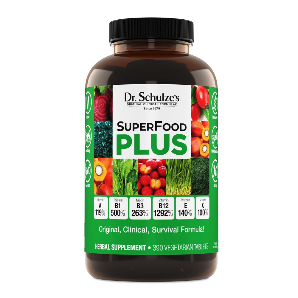 Dr. Schulze's SuperFood Plus bottle on a white background