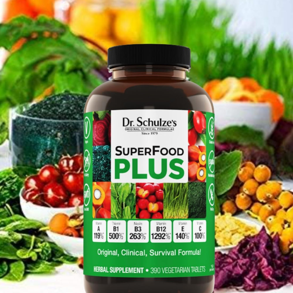 Close-up view of the SuperFood Plus bottle label