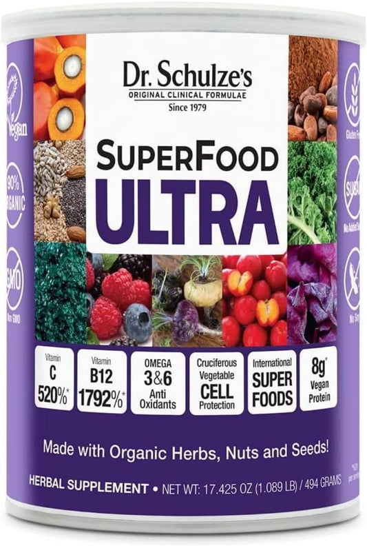 Front label of Dr. Schulze's SuperFood Ultra organic powder, 17.4 oz