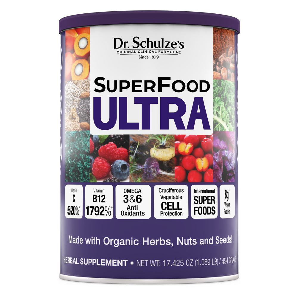 Packaging of Dr. Schulze's SuperFood Ultra in a 17.4 oz canister for daily use.