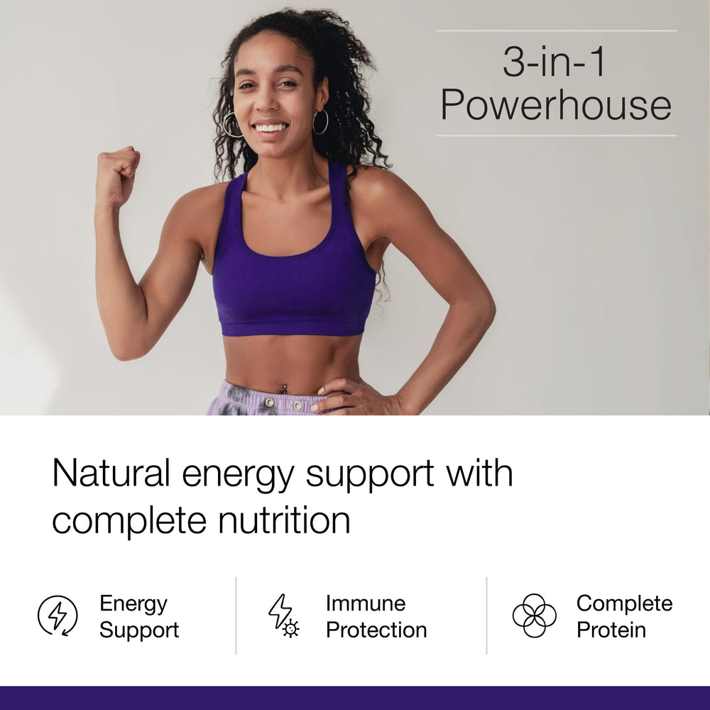 Pouring Dr. Schulze's SuperFood Ultra into a glass for a smoothie.