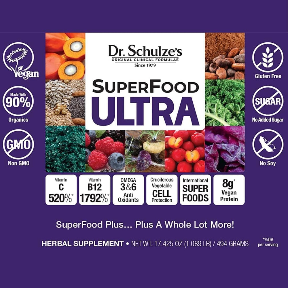 Photo showing how to mix Dr. Schulze's SuperFood Ultra into a drink