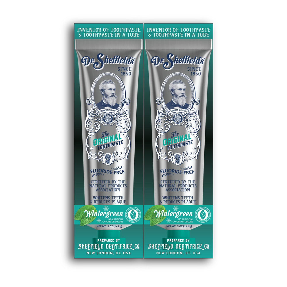 Front label of Dr. Sheffield's Certified Natural Toothpaste Wintergreen 2-Pack