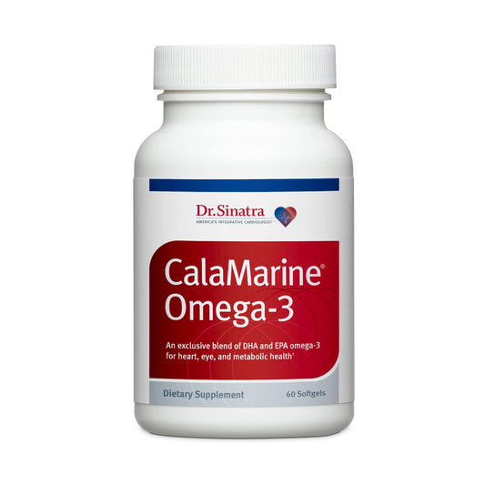 Bottle of Dr. Sinatra CalaMarine Omega-3 supplement with DHA and EPA