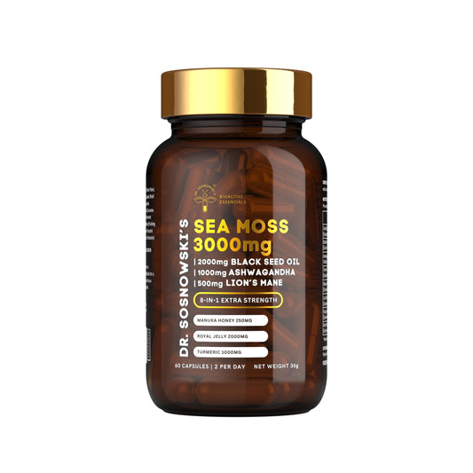 Front view of Dr Sosnowski's BioActive Sea Moss bottle - 60 capsules