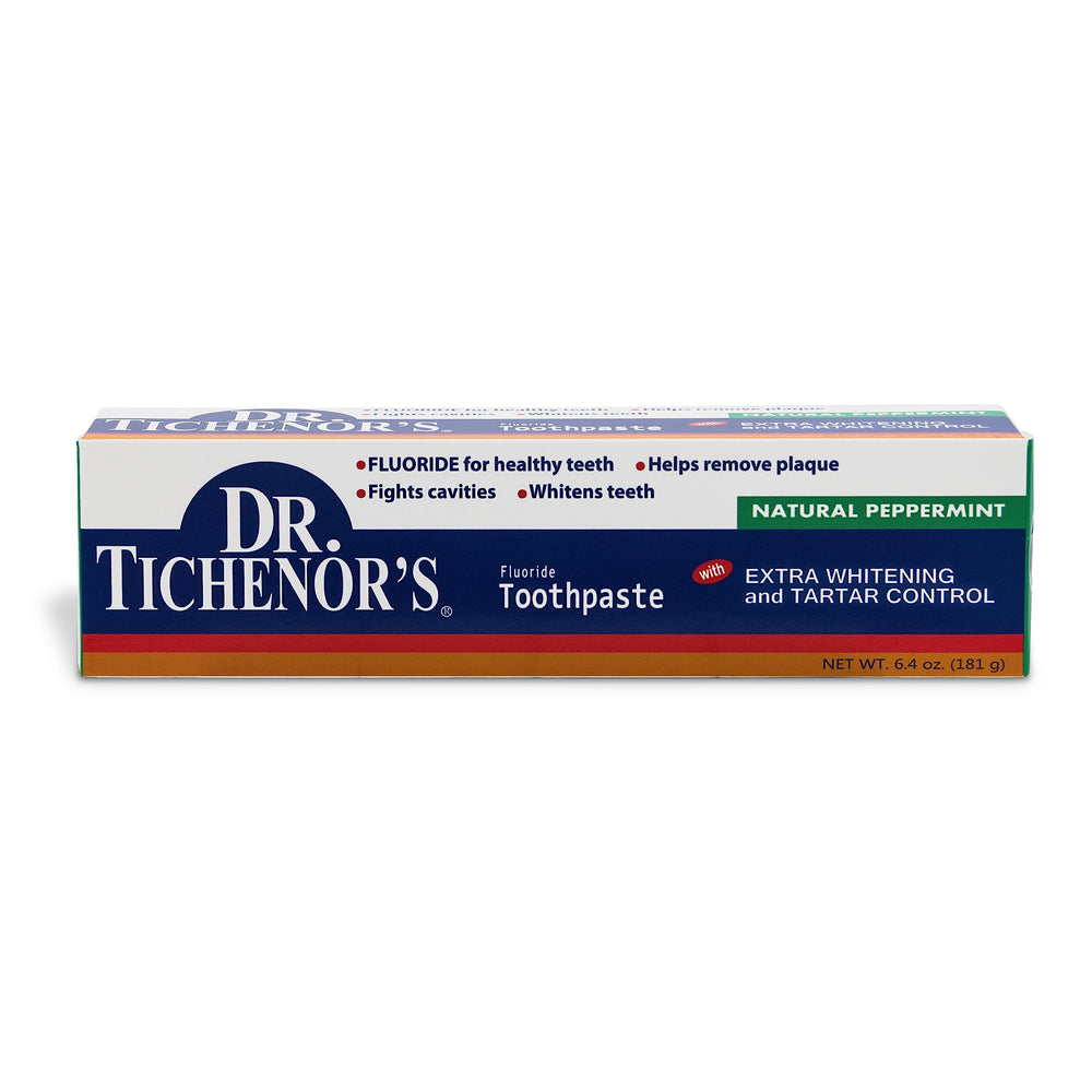 Tube of Dr. Tichenor's Extra Whitening toothpaste showing fluoride and whitening features