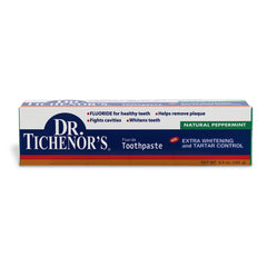 Tube of Dr. Tichenor's Extra Whitening toothpaste showing fluoride and whitening features