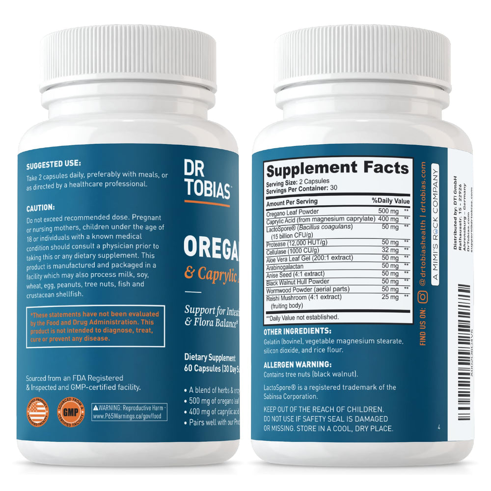 Gut health formula with oregano, caprylic acid and probiotics