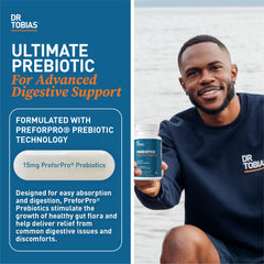 Dr. Tobias Prebiotics label close-up shows non-GMO and vegan claims.