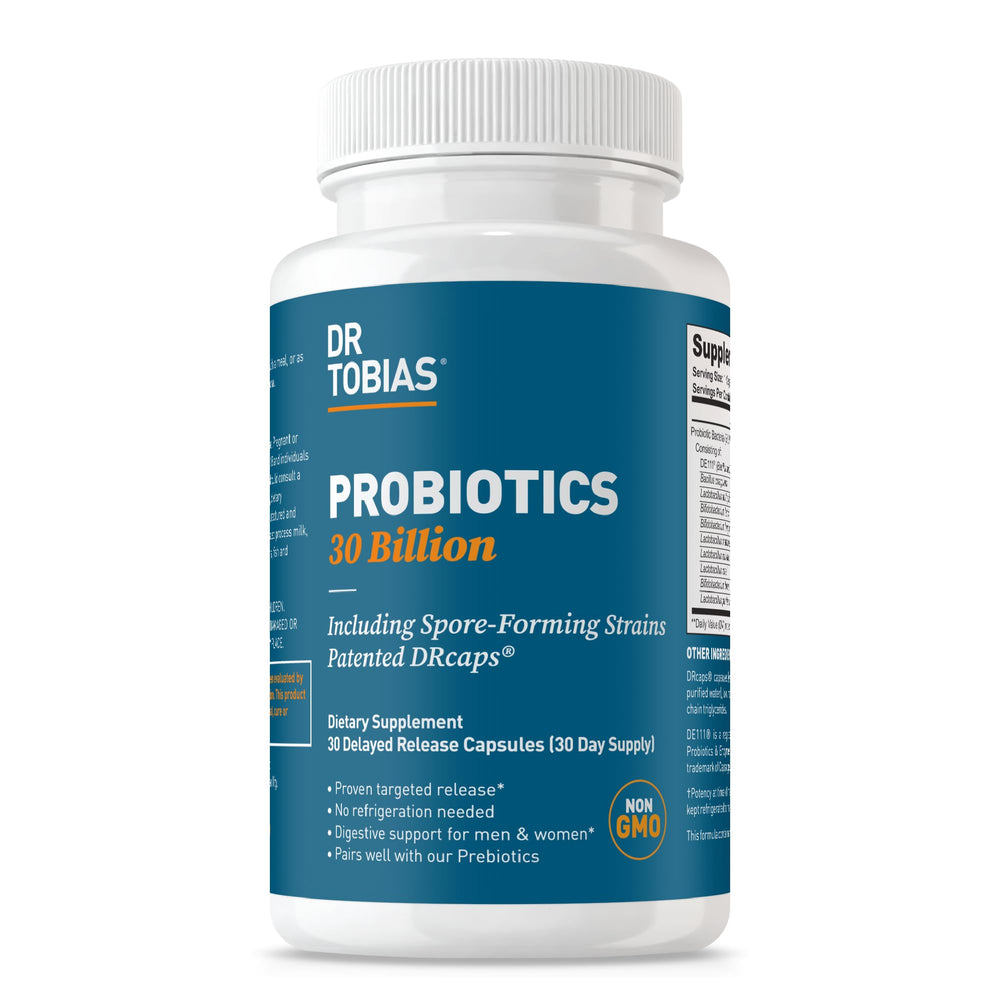 Front view of Dr. Tobias Probiotics bottle with 30 Billion CFU and 10 strains