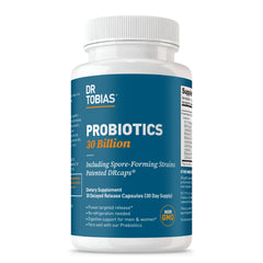 Front view of Dr. Tobias Probiotics bottle with 30 Billion CFU and 10 strains