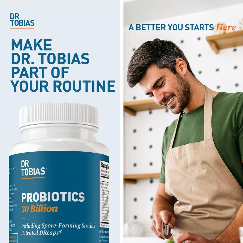 Illustration of probiotic ingredients list, including Lactobacillus Acidophilus and DE111