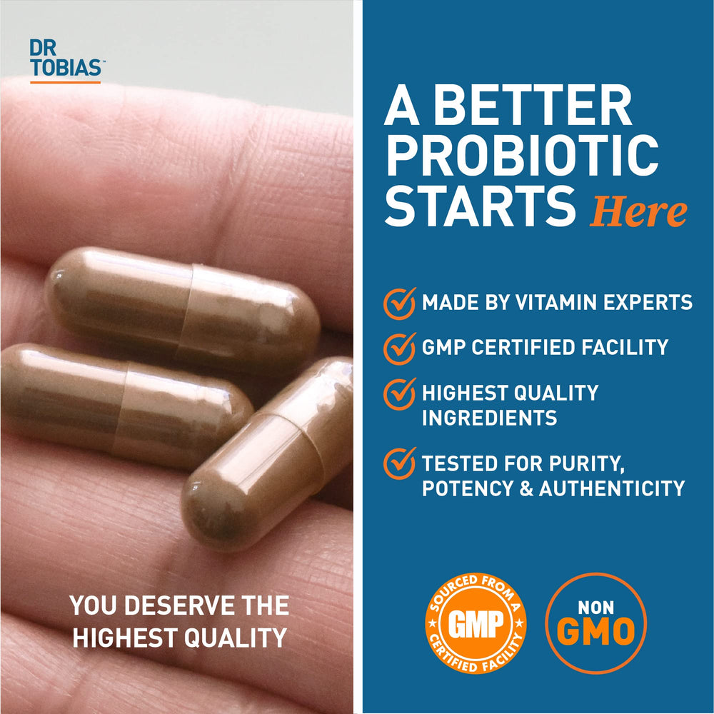 Shelf-stable Dr. Tobias Probiotics bottle without refrigeration