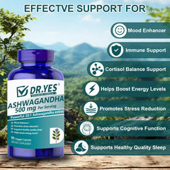 Close-up of DR.YES Ashwagandha Capsules bottle