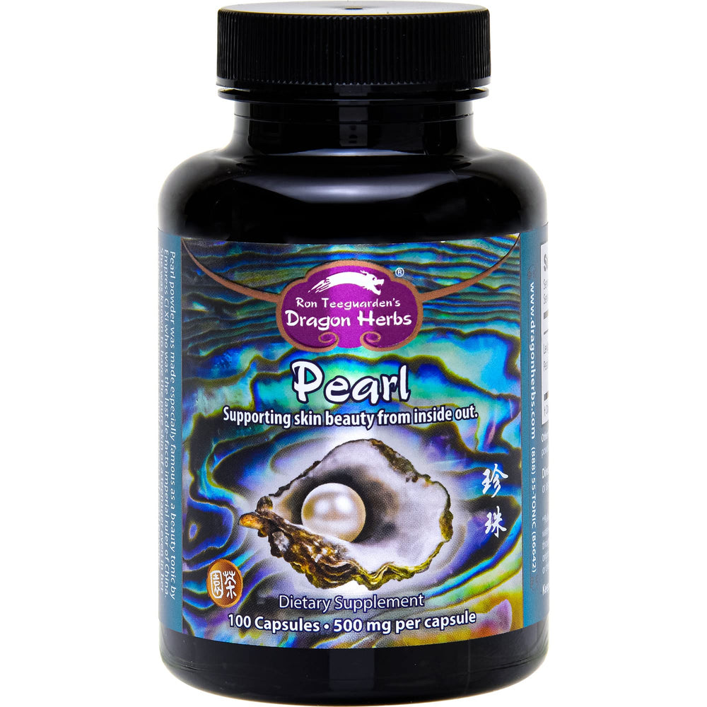 Dragon Herbs Pearl Powder Capsules bottle and label on white background