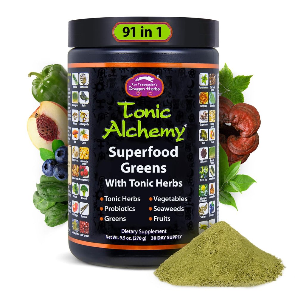 Dragon Herbs Tonic Alchemy powder in a tin for daily greens boost and balanced energy