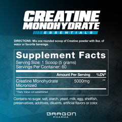 Container labeled Dragon Pharma Creatine Monohydrate – 60 Servings Unflavored