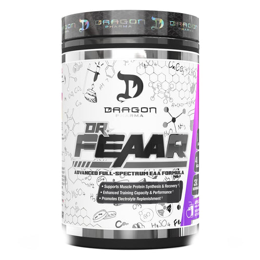 Bottle of DRAGON PHARMA Dr. FEAAR Advanced Full-Spectrum EAA Matrix - Grape Juice flavor