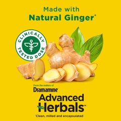 Dramamine Advanced Herbals capsules dispensing image conveys easy dosing and non-drowsy relief.