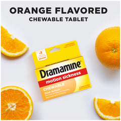 Dramamine orange pack front shows convenient travel-sized motion sickness relief.