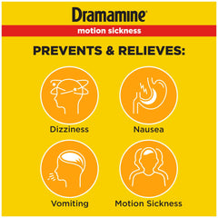 Dramamine orange chewable tablets close-up ready to chew for relief.