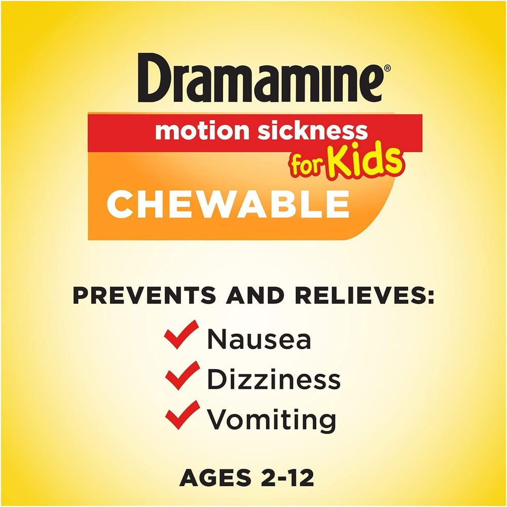 Dramamine Kids 8 tablet blister pack showing dosing for ages 2 to 12.