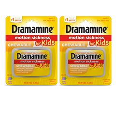 Dramamine Kids grape chewables packaging ready for travel and quick relief.