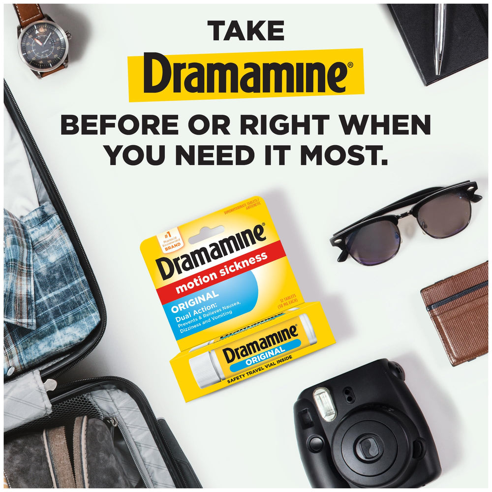 Dramamine Travel Vial in a compact package ready for journeys.