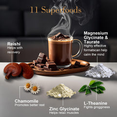 Dream Cocoa mug steaming for calm, caffeine-free relaxation.