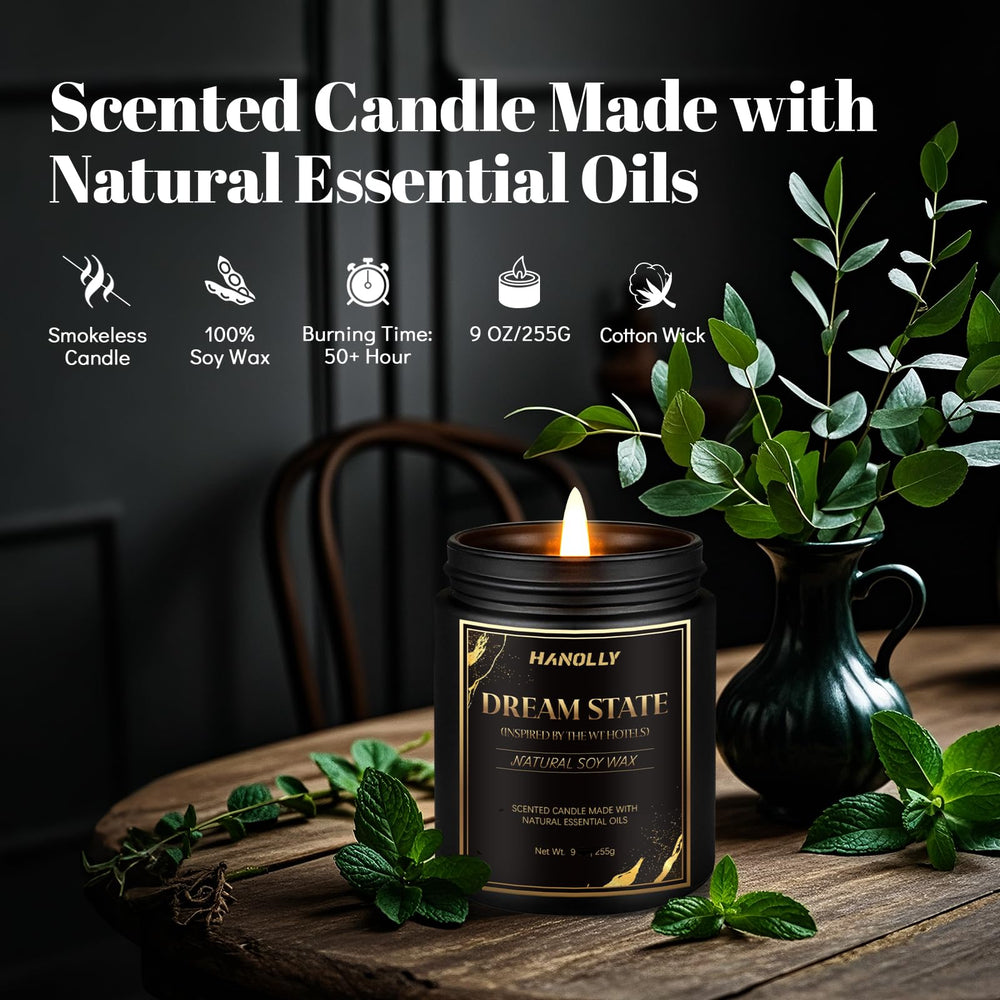 Bedroom scene with Dream State Hotel Candle burning softly for ambiance