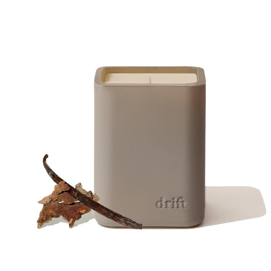 Drift Vanilla Woods scented candle label on jar