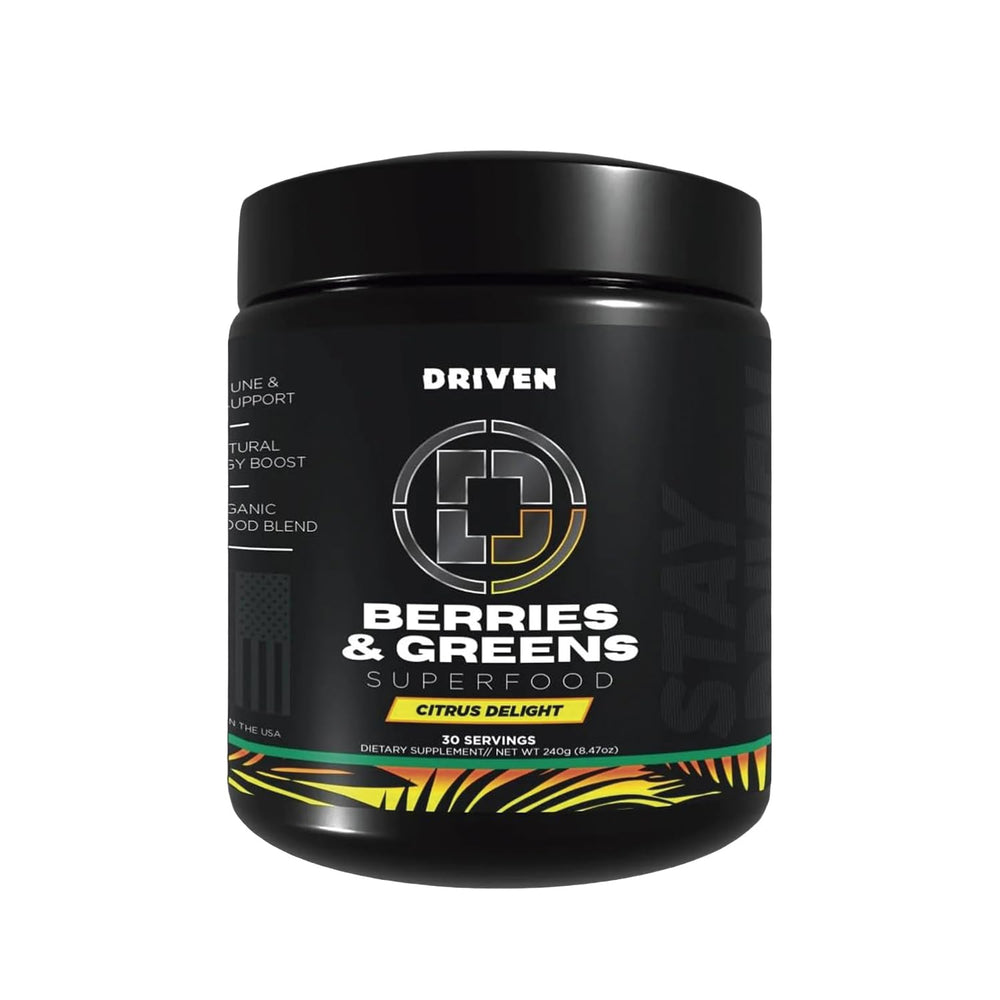 Container of Driven B&G Berries & Greens powder with Citrus Delight flavor