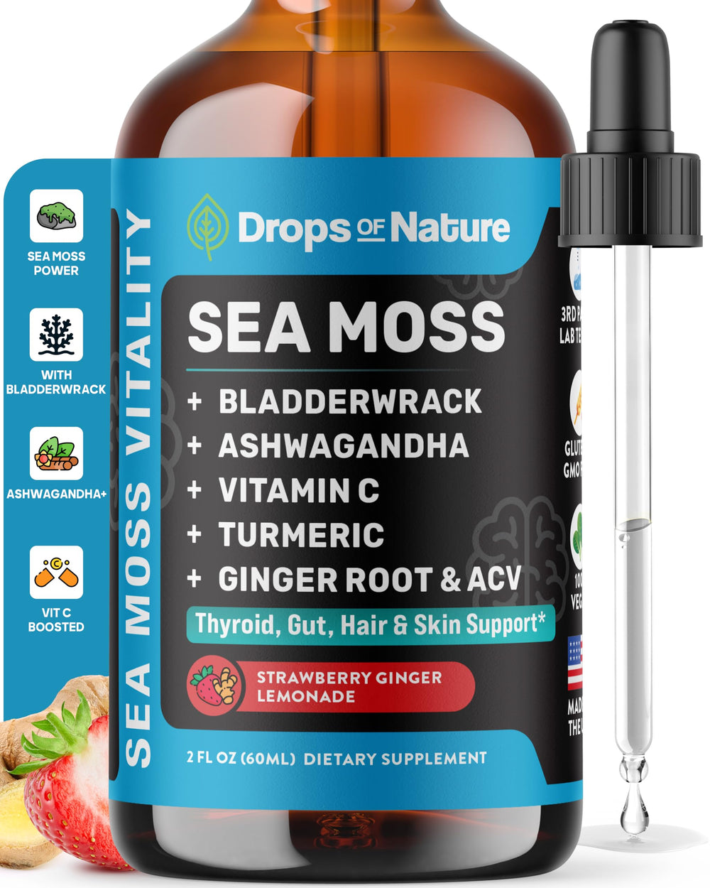 Drops Of Nature front label showing strawberry ginger lemonade and clean benefits