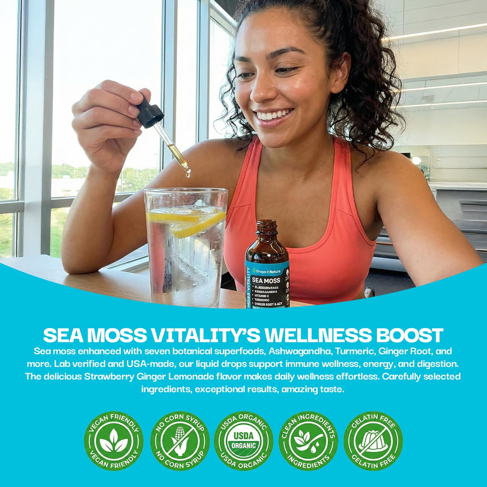 Drops Of Nature used in kitchen glass for a refreshing wellness routine