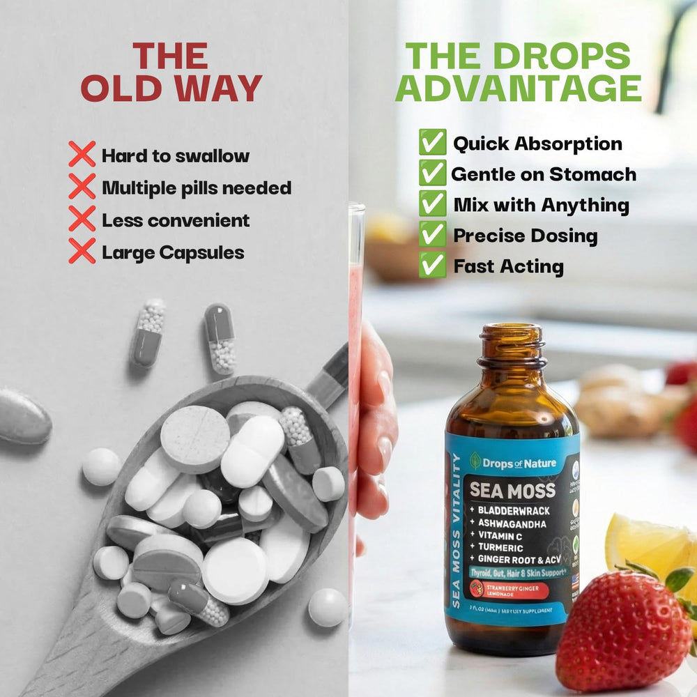 Drops Of Nature supplement label close-up showing lab-tested purity claims