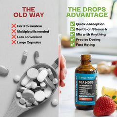 Drops Of Nature supplement label close-up showing lab-tested purity claims