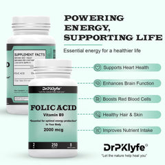 Graphic illustrating energy support from folic acid tablets