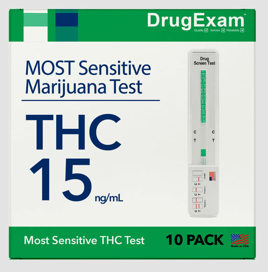 DrugExam THC urine test strips – 10 pack, box and strips