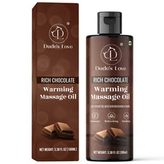 Front view of Dude's Love Organic Chocolate Warming Massage Oil bottle