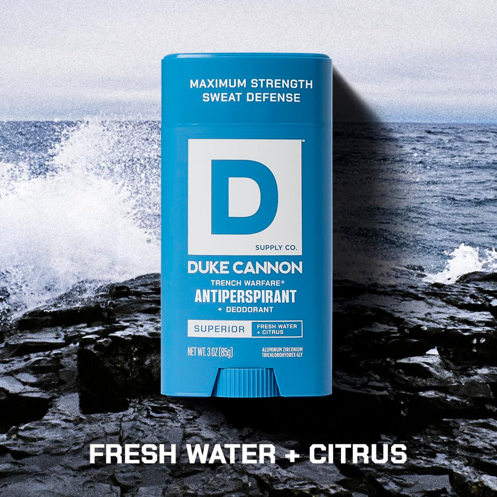Aloe vera and vitamin E display on Duke Cannon Trench Warfare deodorant for skin comfort.