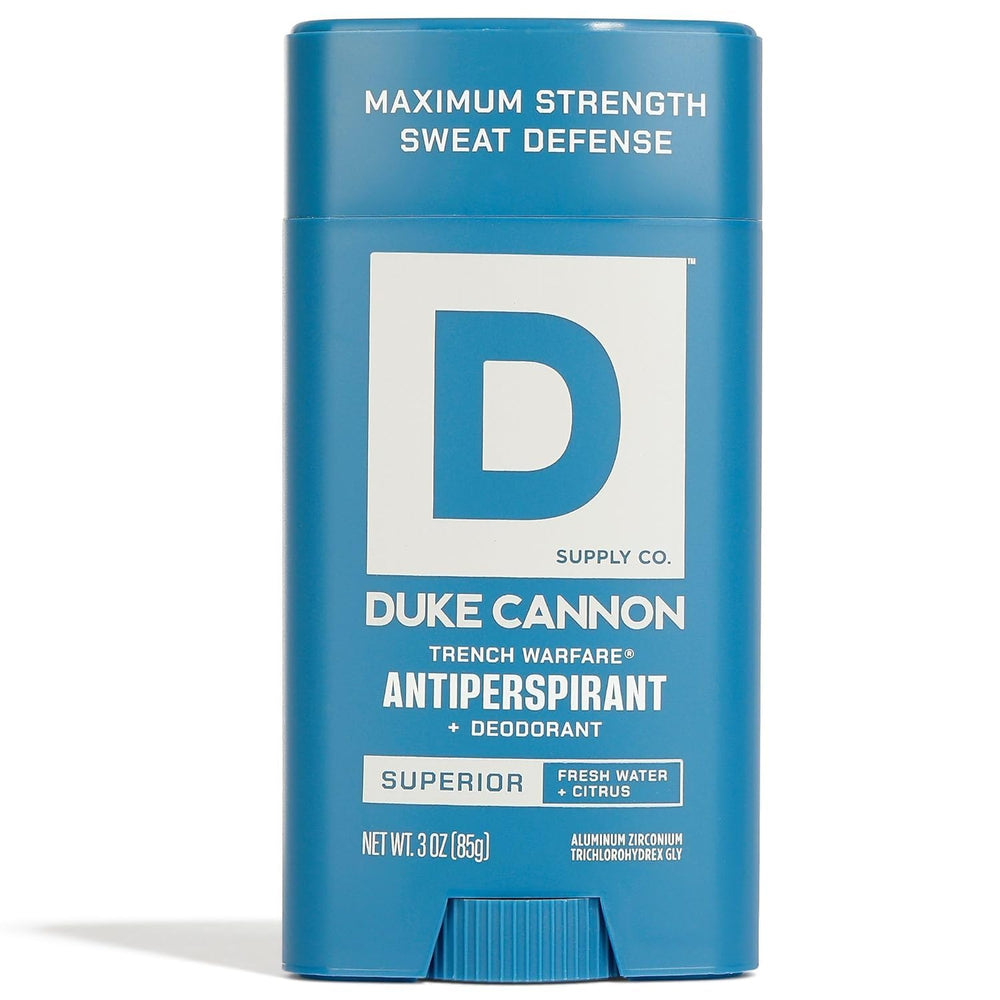 Duke Cannon Trench Warfare deodorant front view showing rugged container for long protection.