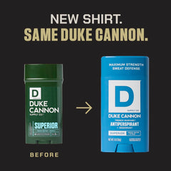 Sturdy aluminum packaging of Duke Cannon Trench Warfare deodorant shown up close.