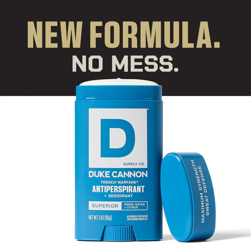 Vitamin E indication on Duke Cannon Trench Warfare deodorant label for skin benefits.